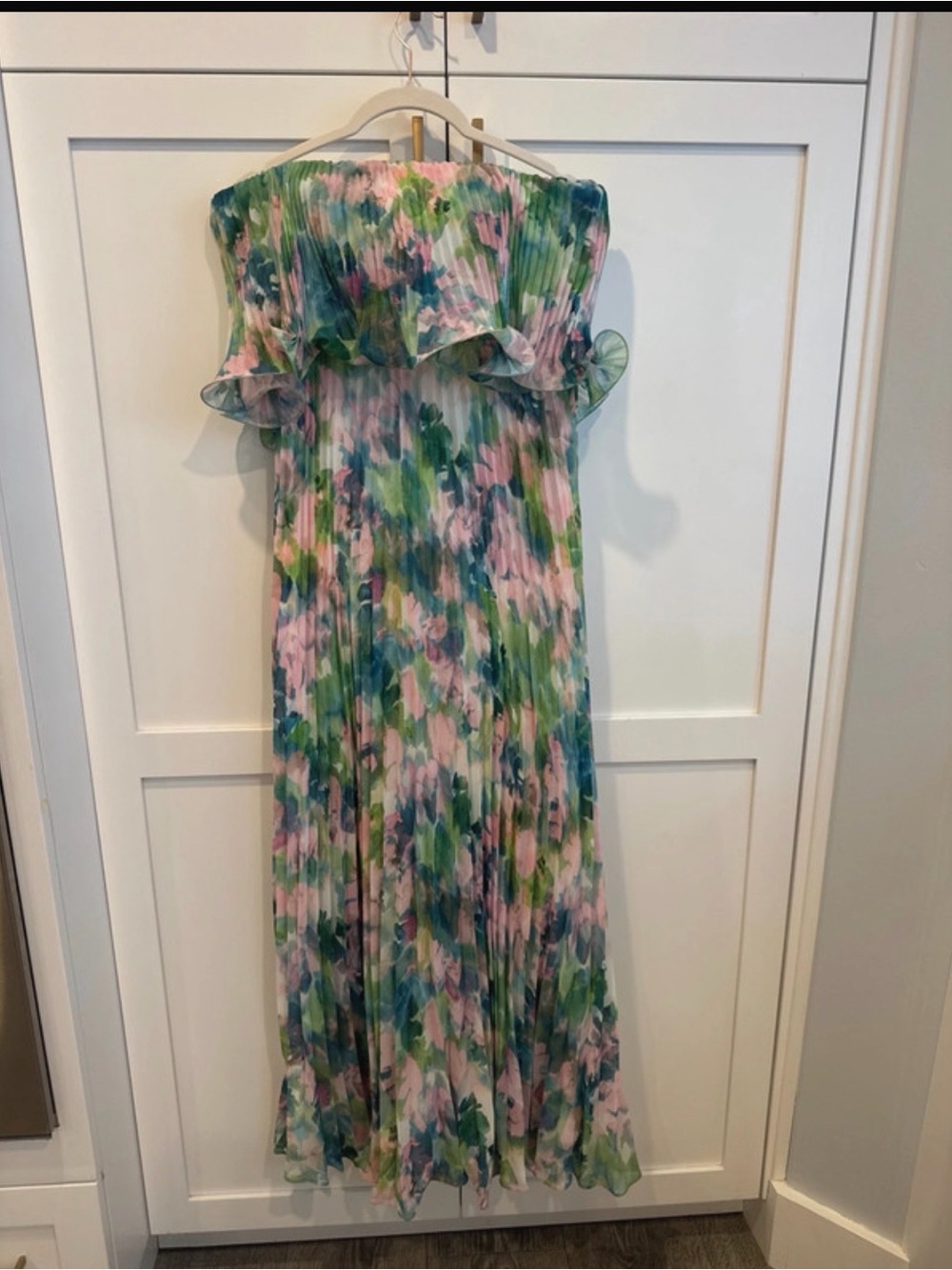 Betsy & Adam Strapless Pleated Floral Maxi Dress in Pink, Green & Blue